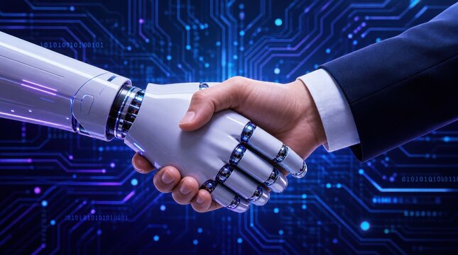 A human hand in a business suit shakes hands with a robotic hand against a digital circuit background, symbolizing collaboration between humans and AI technology.