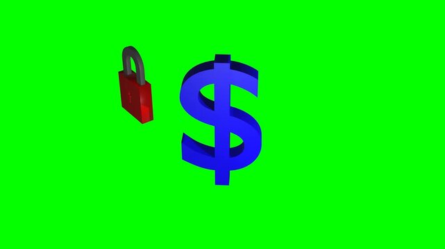 Seamless 3D Dollar security animation with orbiting padlock on green screen. A motion graphic animation illustrating financial protection and asset security.