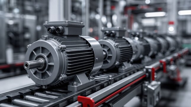 Industrial electric motors aligned on a conveyor belt in a manufacturing or assembly plant.
