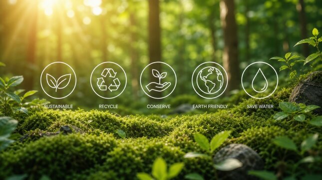 Sunlit forest floor with green moss and plants, overlaid with eco-friendly icons promoting sustainability, recycling, conservation, earth care, and water saving.