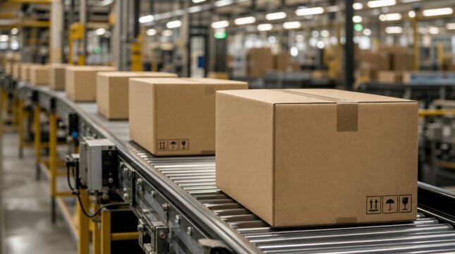 Cardboard boxes move along a conveyor belt in a large, well-lit warehouse or distribution center.