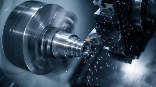A CNC lathe machine precisely cutting a rotating metal workpiece, producing metal shavings and showcasing high-precision manufacturing in an industrial setting.