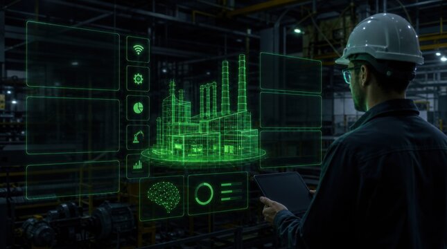 A worker in a hard hat uses a tablet to interact with a holographic digital interface displaying a futuristic factory model and data analytics in an industrial setting.