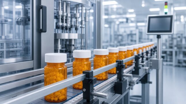 Conveyor belt with multiple orange pill bottles in a pharmaceutical manufacturing facility with automated machinery.