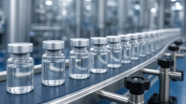 Transparent vials filled with clear liquid move along a conveyor belt in a sterile pharmaceutical or laboratory production line.