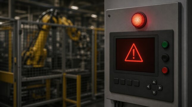 Industrial control panel with a warning alert and a red light indicating a potential issue in a factory setting with robotic machinery in the background.