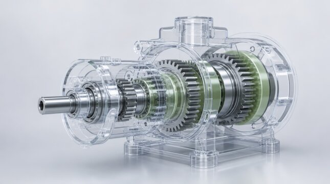 Transparent 3D model of a mechanical gearbox showing internal gears and components in a detailed and precise design.