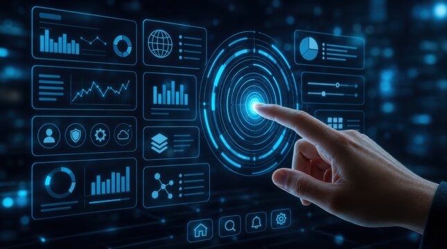 A hand interacts with a futuristic digital touchscreen interface displaying data charts, graphs, and icons in a high-tech, cyber environment.