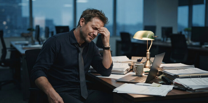 Tired businessman rubs his forehead in despair while sitting amidst piles of paperwork in a dark office.