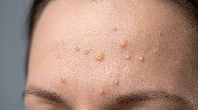 Close up of sebaceous hyperplasia with yellowish papules on adult female forehead skin
