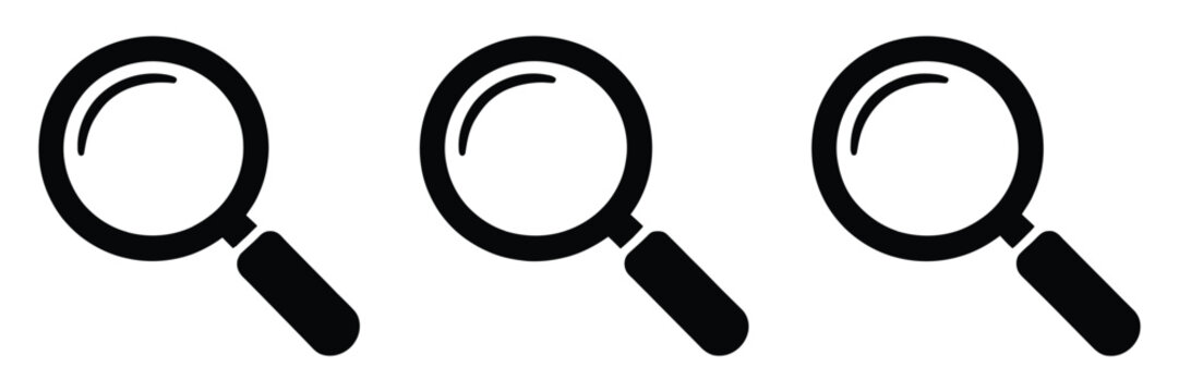 Magnifying glass search icon set featuring exploration tools, minimal zoom symbols, discovery graphics, and digital interface elements