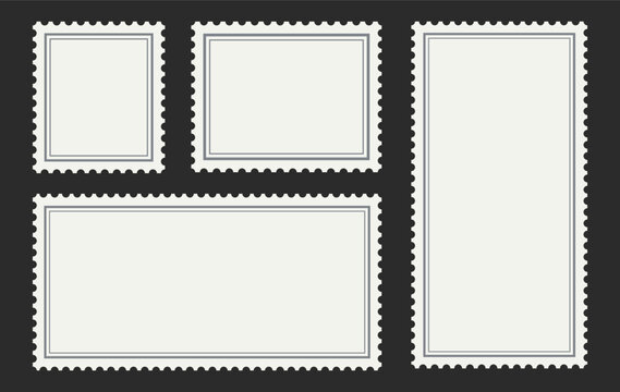 Blank Postage Stamp Frames Set Vector Isolated on Dark Background, Vintage Empty Mail Post Mark Border Template Collection, Perforated Edge Stamp Mockup Set for Design Vector