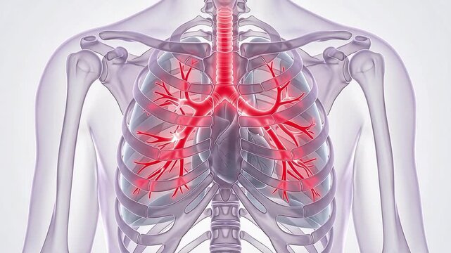 3D medical animation showing the human respiratory system with highlighted glowing red bronchi and lungs inside the chest cavity