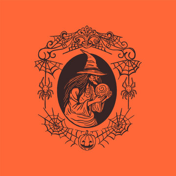 Retro Halloween witch emblem with crystal ball, spider webs and jack-o-lantern in woodcut style
