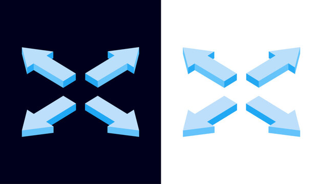 3D Isometric Blue Four Way Arrows Icon Vector Set on Dark and Light Background, Fullscreen Expand Symbol, Navigation Direction Indicator, Modern UI Graphic Design Element Vector