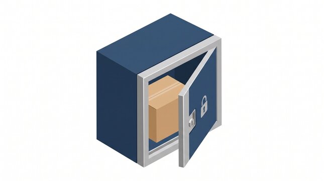 Isometric secure residential parcel locker with a cardboard delivery box isolated on white background