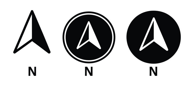 North direction icon set featuring compass navigation symbols, north arrows, map markers, location signs, and modern vector graphics