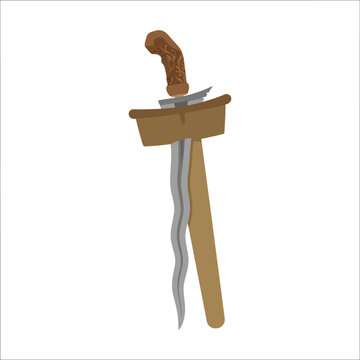 Traditional Indonesian Keris dagger illustration with wavy blade and carved wooden hilt