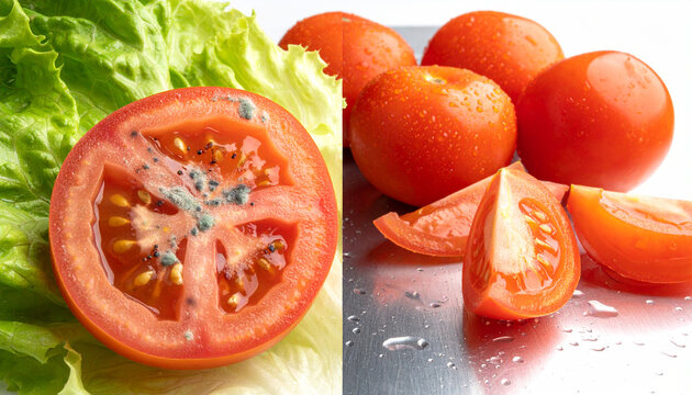 Rotten tomato and fresh tomato