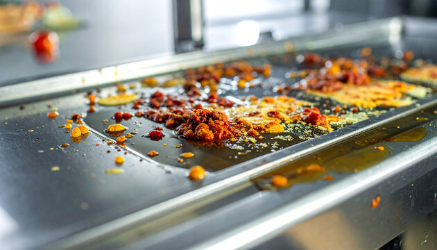 Messy Griddle after Cooking: A close-up shot of a greasy, cluttered griddle with remnants of cooked food, showing remnants of chorizo and fried egg, a perfect capture of post-cooking culinary chaos.