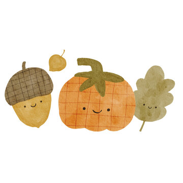 Cute Watercolor Autumn Illustration. Cozy Hand Drawn Fall design elements. Thanksgiving day print