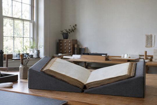Old book resting on conservation cradle