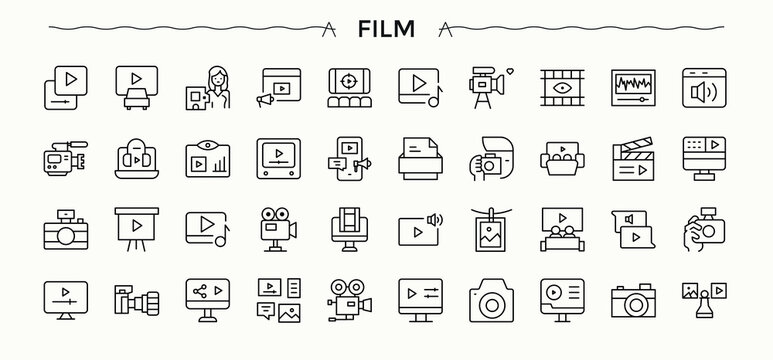 Film icon set. Movie icon set. Contain linear symbols television, media, multimedia, cinema, entertainment, movie and more. Editable vector art and illustration.