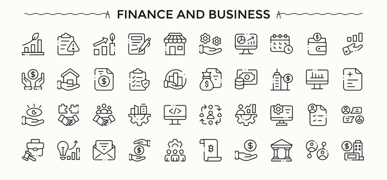 Finance And Business linear icon collection. Banking line icons with editable stroke. Perfect for logos and infographic. Market icon set. Vector illustration. Pixel perfect.