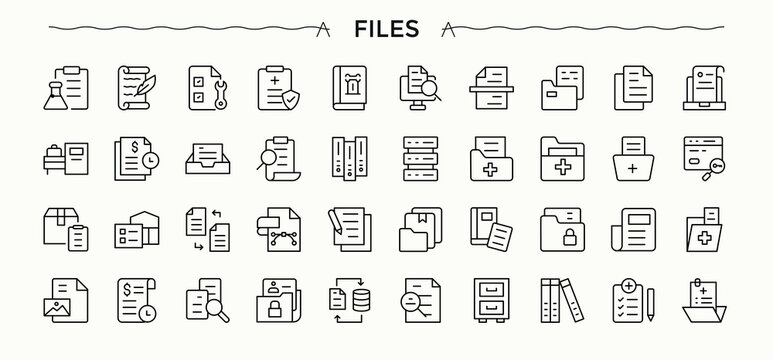 Files icon set. Note icon set. Minimal icons set. Includes thin line symbols document, note, doc, form and more. Pictogram and infographic.