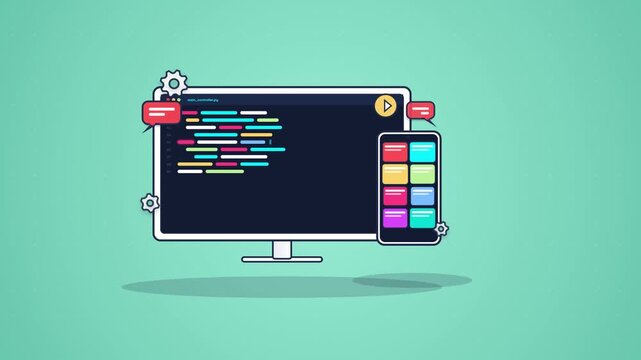 Professional web and mobile application development concept illustration featuring coding monitor and smartphone design