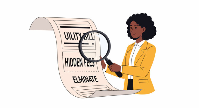 Black Female Executive Searching Utility Bill with Magnifying Glass