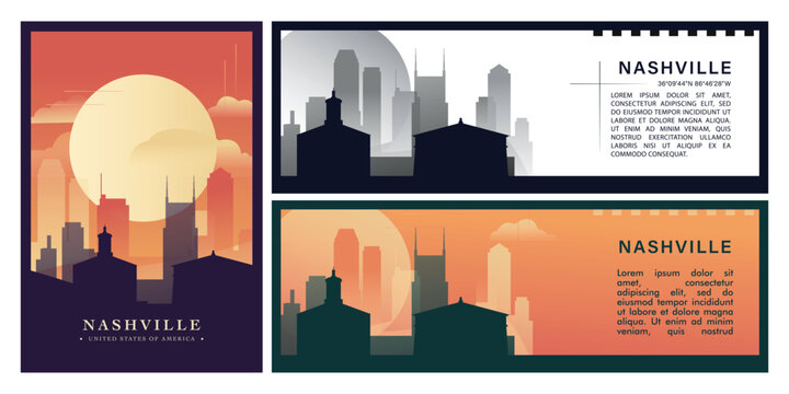Nashville city skyline illustration set with iconic landmarks. Brutalism Tennessee, USA cityscape design pack for travel banners, tourism posters, urban architecture, social media, websites