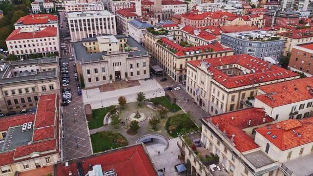Aerial drone view of Piazza Dante Alighieri in Bergamo, Italy