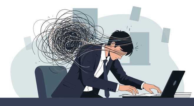 Businessman overwhelmed with chaotic thoughts at desk, concept of stress and burnout
