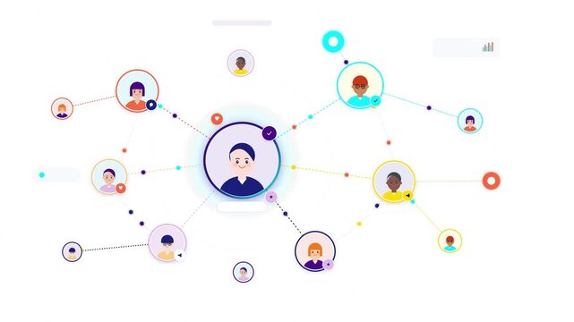 Abstract visual representation of a social network with interconnected user avatars and connecting lines symbolizing communication and community building