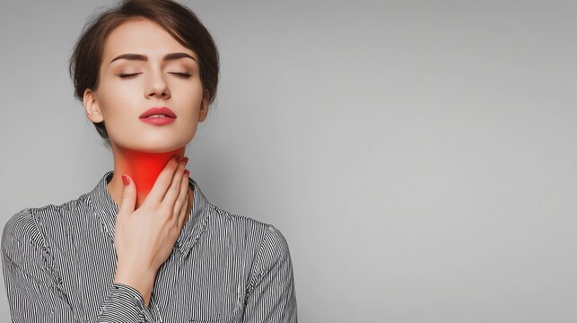 Woman feeling throat discomfort and pain.