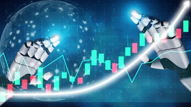 This image depicts futuristic robot hands interacting with stock market data, showcasing financial graphs and candlestick charts in a digital setting, symbolizing AI-driven investment analysis. Copula