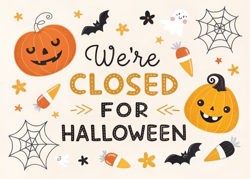 Halloween business closure announcement poster for retail stores, cafes, restaurants and offices with festive October 31 holiday notice, spooky seasonal storefront signage  