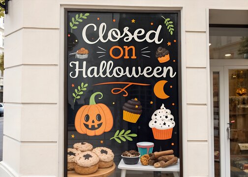 Halloween business closure announcement poster for retail stores, cafes, restaurants and offices with festive October 31 holiday notice, spooky seasonal storefront signage  