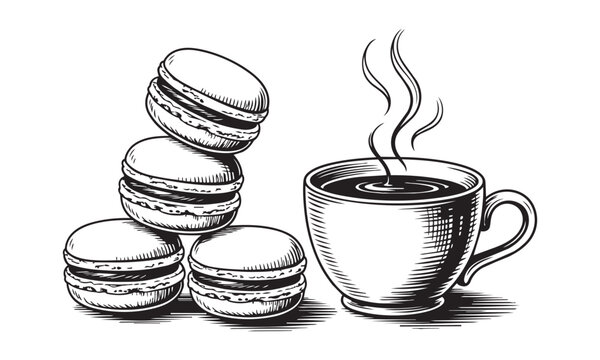 Hand drawn sketch of french macaroons beside a hot espresso mug. Detailed hatching for bakery menu design. Classic breakfast cafe scene isolated.