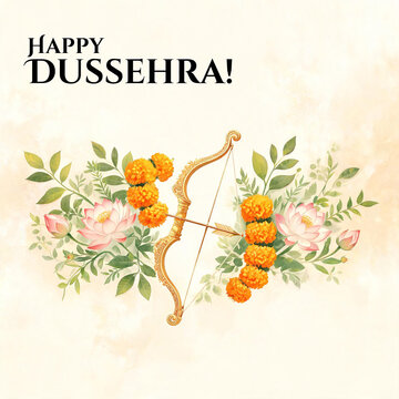 Golden Bow and Arrow with Flowers Happy Shubh Dussehra Vijayadashami