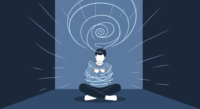 Man in mental distress, tangled in confusion and anxiety, isolated on transparent background