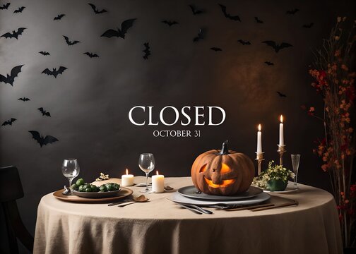 Halloween business closure announcement poster for retail stores, cafes, restaurants and offices with festive October 31 holiday notice, spooky seasonal storefront signage  