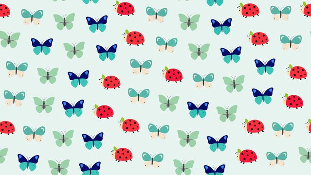 Seamless pattern of cartoon ladybugs and butterflies