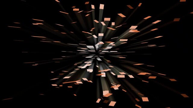 Abstract 3d square particle explosion light rays motion background. Futuristic geometric confetti burst animation. Glowing rectangular debris shockwave backdrop.