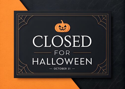 Halloween business closure announcement poster for retail stores, cafes, restaurants and offices with festive October 31 holiday notice, spooky seasonal storefront signage  