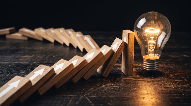 Sequential falling dominoes creating a chain reaction towards a bright lightbulb representing inevitable business success

