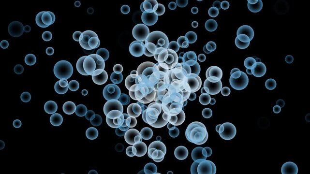 Abstract blue glowing water bubbles floating motion background. Transparent sphere bubble explosion animation. Dynamic blue glass circle particles backdrop.