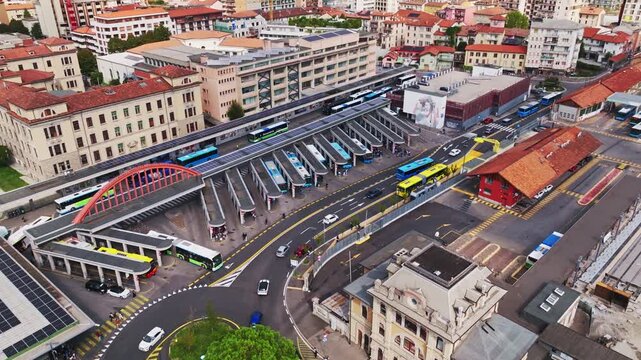 Aerial drone view of Itabus bus stop in Bergamo, Italy