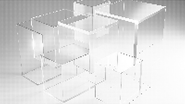 Abstract geometric composition of 3d cubes created with a halftone dot pattern effect on a white background